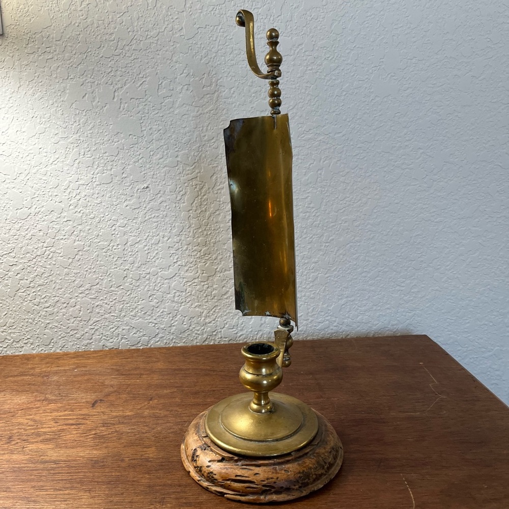 Antique brass and wood candlestick holder